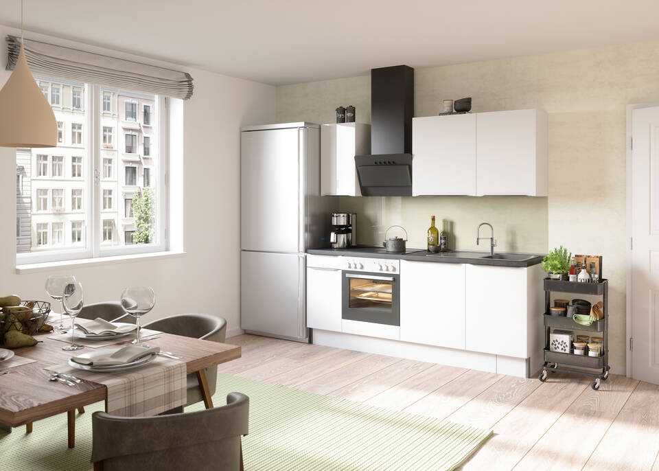 OPTIFIT Küchenzeile mit Geräten in Weiß Glanz & Beton dunkel: 210 cm, flexibel stellbar | Singleküche "OFK2188-7-1"
