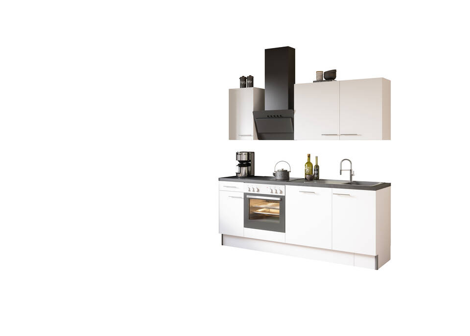 OPTIFIT Küchenzeile mit Geräten in Weiß & Beton dunkel: 210 cm, flexibel stellbar | Singleküche "OFK2188-1-1"