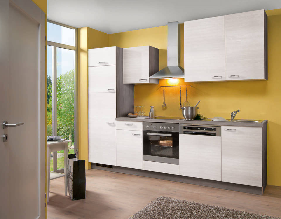 Küchenzeile "EXK340-6-1" mit Geräten: Eiche weiß - Eiche grau, 280cm / Bild 1