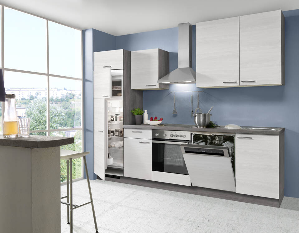 Küchenzeile "EXK340-6-1" mit Geräten: Eiche weiß - Eiche grau, 280cm / Bild 3