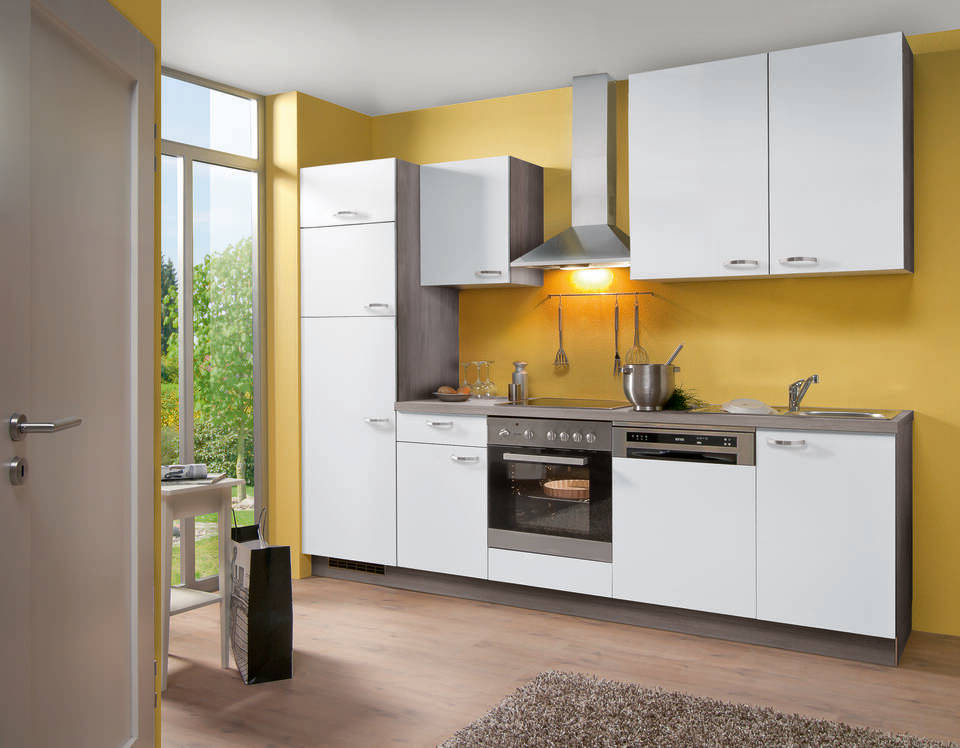 Küchenzeile "EXK340-1-1" mit Geräten: Weiß - Eiche grau, 280cm / Bild 1