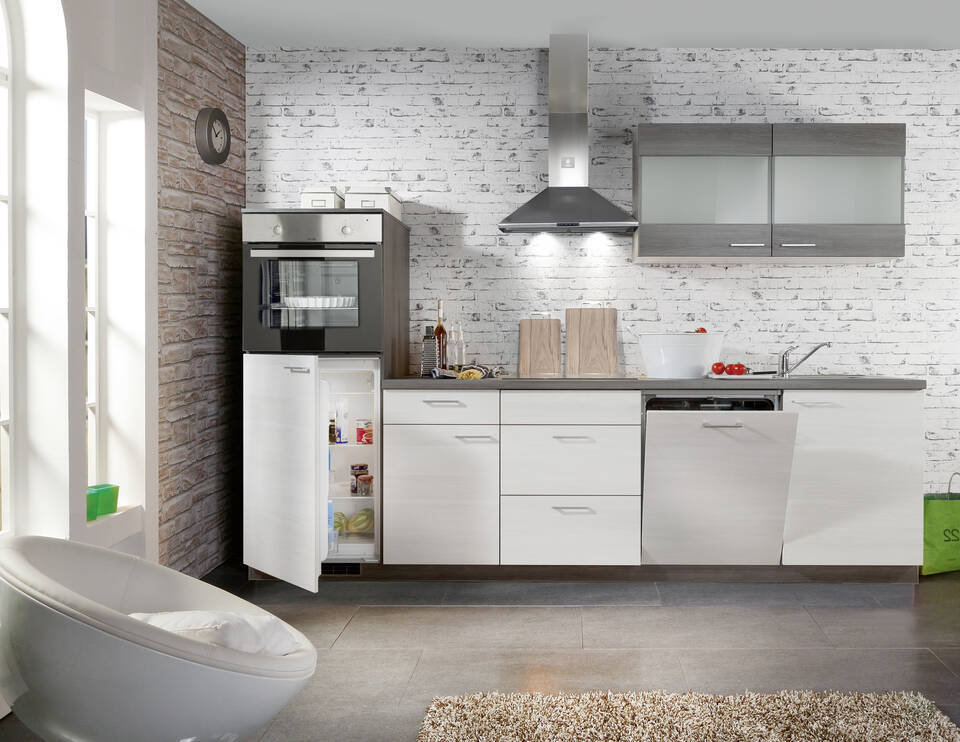 Küchenzeile "EXK360-1-1" mit Geräten: Eiche weiß - Eiche grau - Eiche grau, 290cm