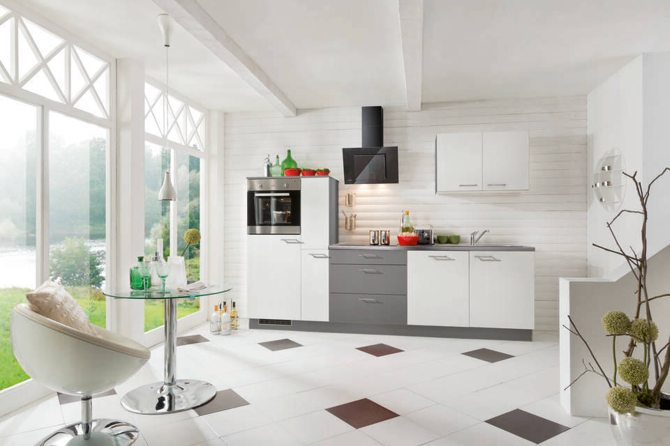 Küchenzeile "EXK370-7-1" mit Geräten: Lacklaminat Weiß Hochglanz - Eiche grau - Eiche grau, 290cm