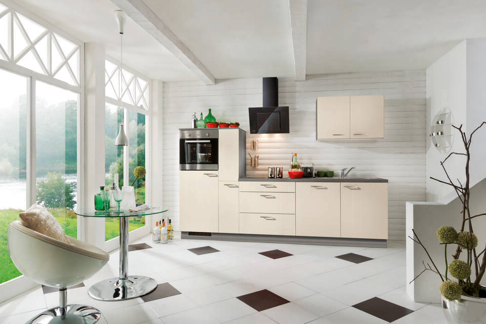 Küchenzeile "EXK370-5-1" mit Geräten: Magnolia - Eiche grau, 290cm