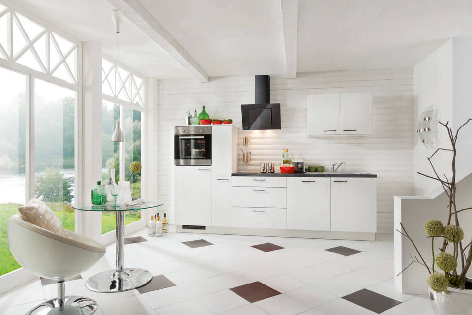 Küchenzeile "EXK370-2-1" mit Geräten: Lacklaminat Weiß Hochglanz - Lavagrau, 290cm