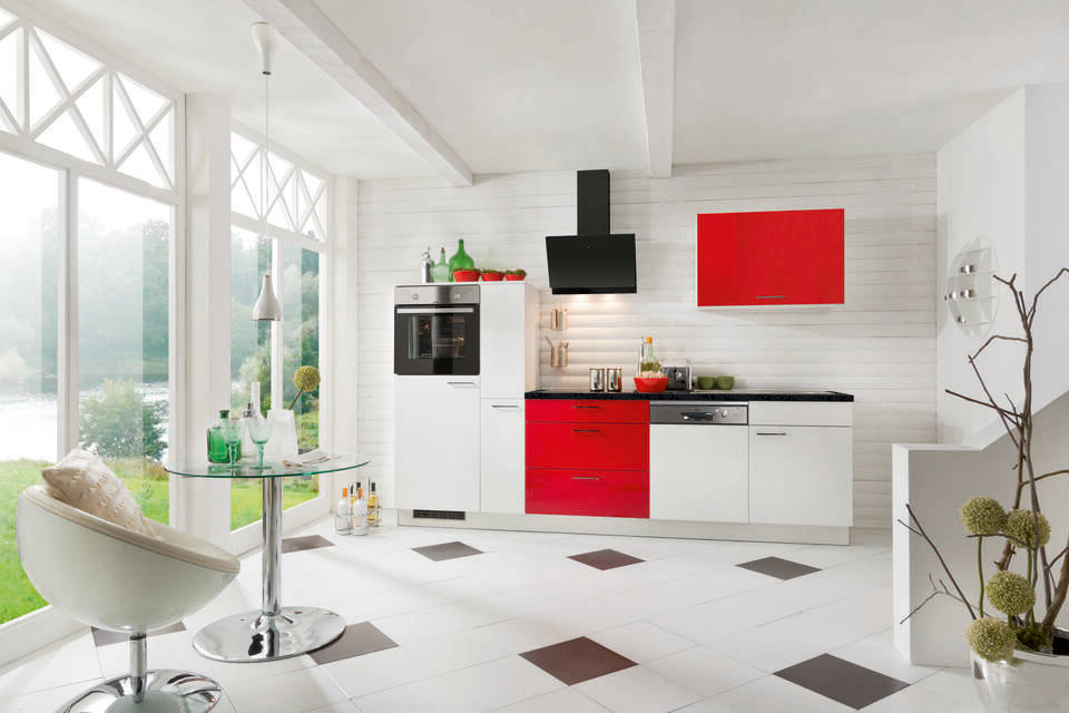 Küchenzeile "EXK380-1-1" mit Geräten: Lacklaminat Weiß Hochglanz - Lacklaminat Marsrot Hochglanz - Schwarz Steinstruktur, 290cm / Bild 1