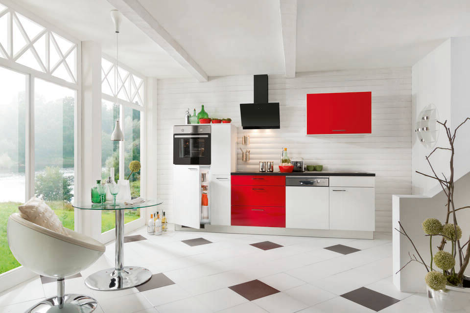Küchenzeile "EXK380-1-1" mit Geräten: Lacklaminat Weiß Hochglanz - Lacklaminat Marsrot Hochglanz - Schwarz Steinstruktur, 290cm / Bild 2