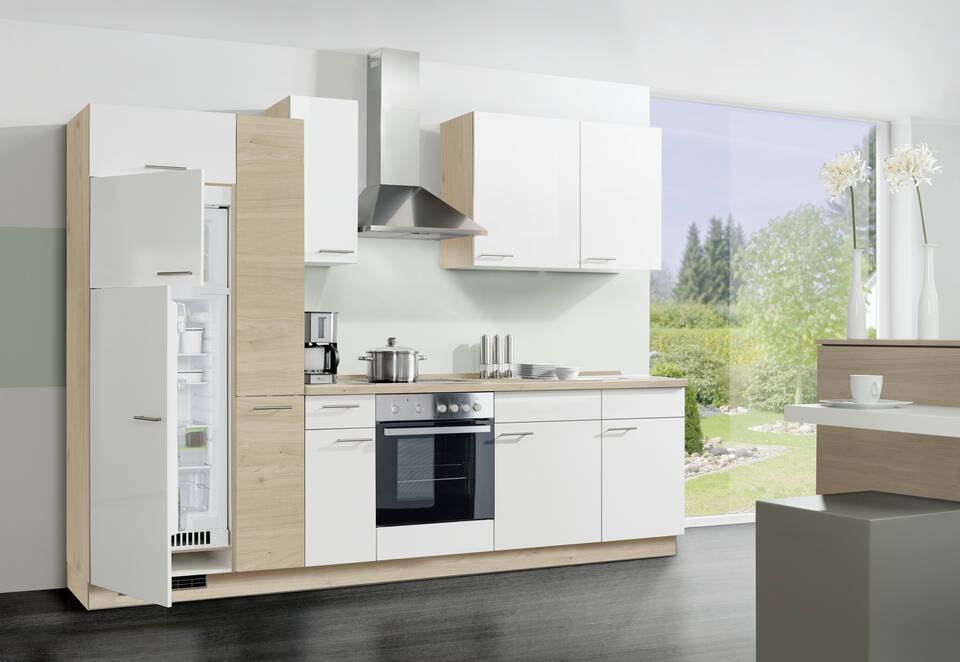 Küchenzeile "EXK400-1-1" mit Geräten: Weiß - Wildeiche - Wildeiche, 300cm