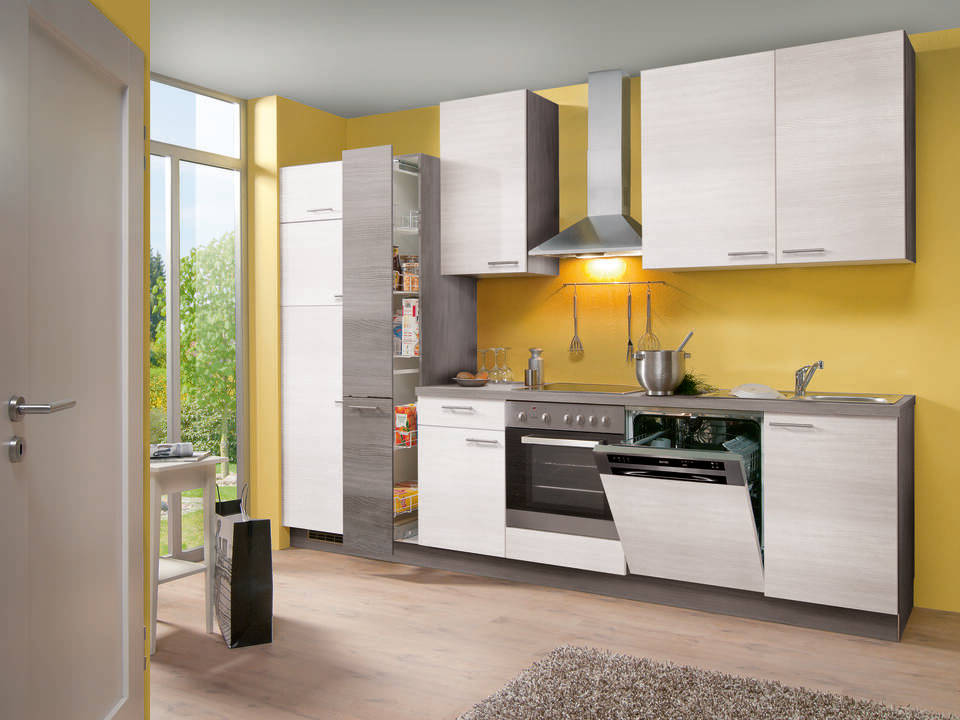 Küchenzeile "EXK410-1-1" mit Geräten: Eiche weiß - Eiche grau - Eiche grau, 310cm / Bild 1