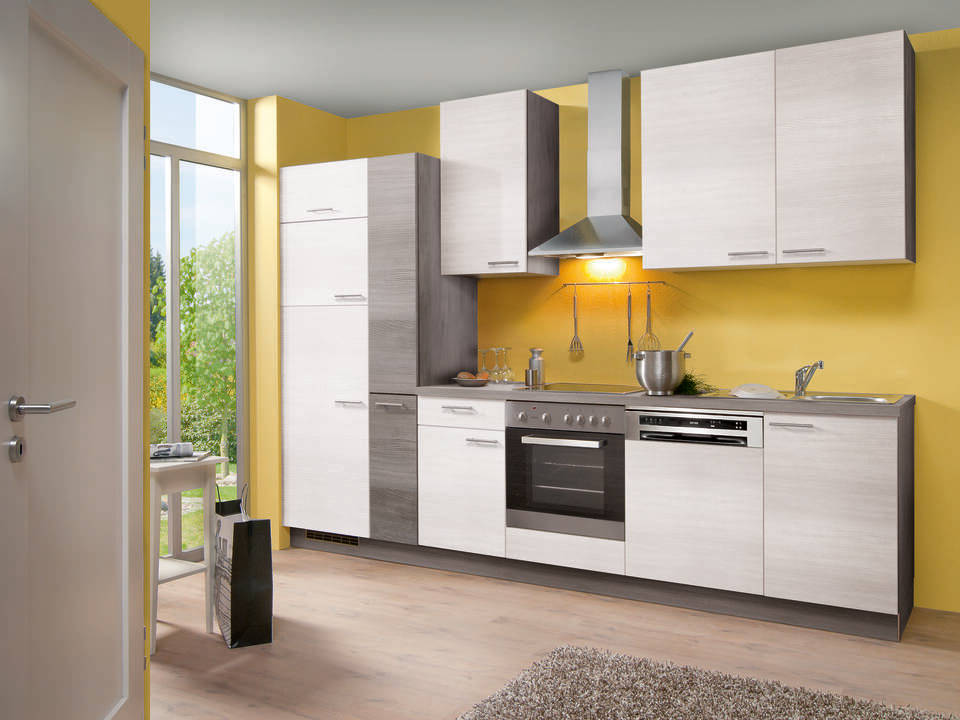 Küchenzeile "EXK410-1-1" mit Geräten: Eiche weiß - Eiche grau - Eiche grau, 310cm / Bild 2