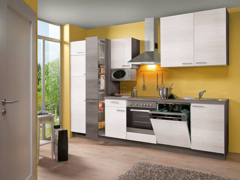 Küchenzeile "EXK420-7-1" mit Geräten: Eiche weiß - Eiche grau - Eiche grau, 310cm