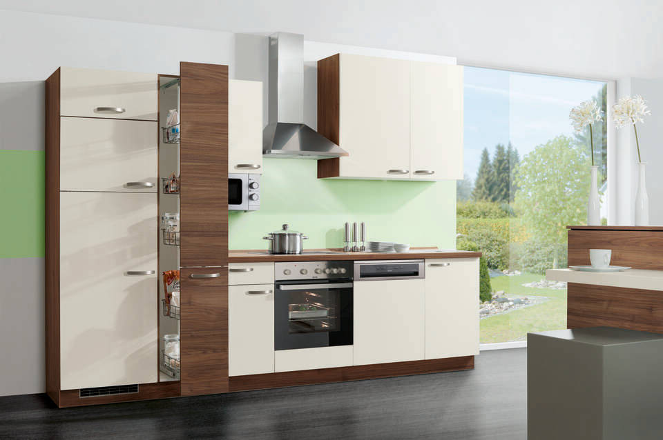 Küchenzeile "EXK420-5-1" mit Geräten: Magnolia - Nussbaum - Nussbaum, 310cm