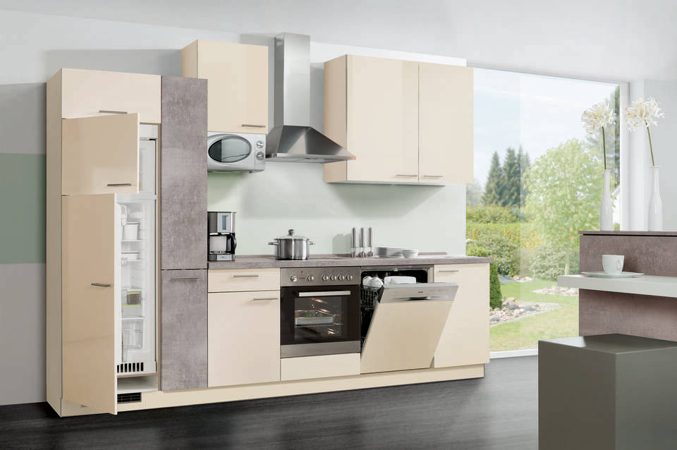 Küchenzeile "EXK430-4-1" mit Geräten: Lacklaminat Magnolia Hochglanz - Beton hell - Beton hell, 310cm