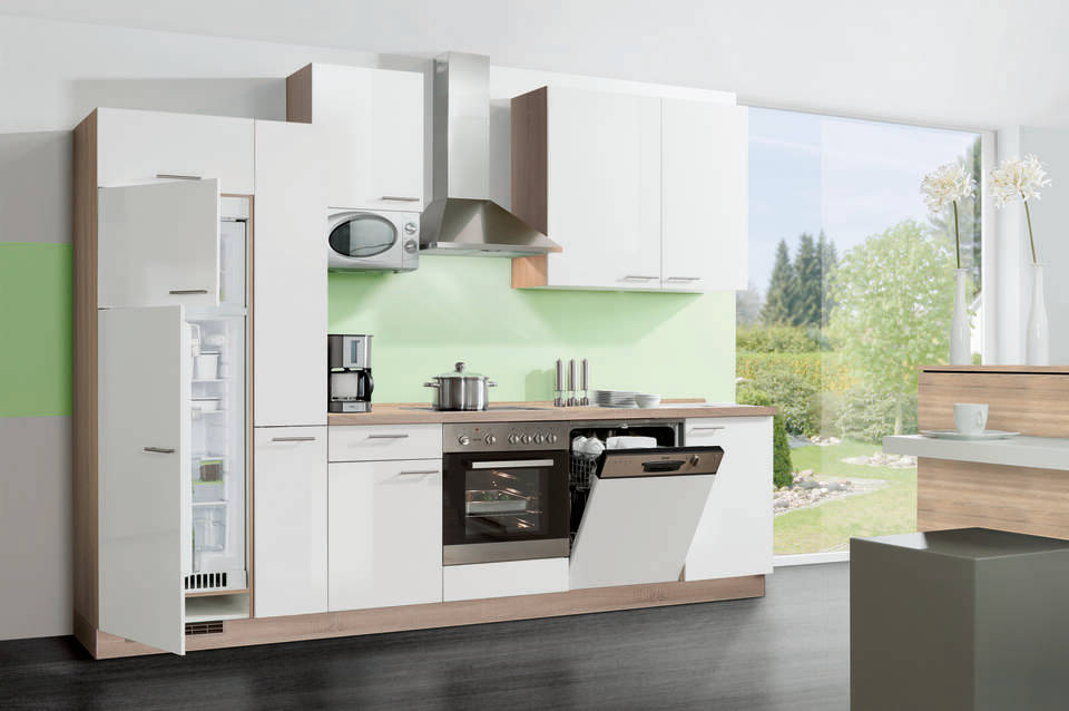 Küchenzeile "EXK430-3-1" mit Geräten: Lacklaminat Weiß Hochglanz - Bergeiche, 310cm / Bild 1