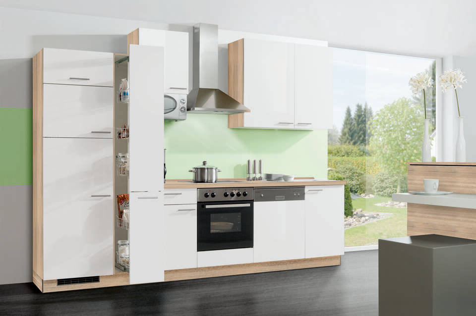 Küchenzeile "EXK430-3-1" mit Geräten: Lacklaminat Weiß Hochglanz - Bergeiche, 310cm / Bild 2