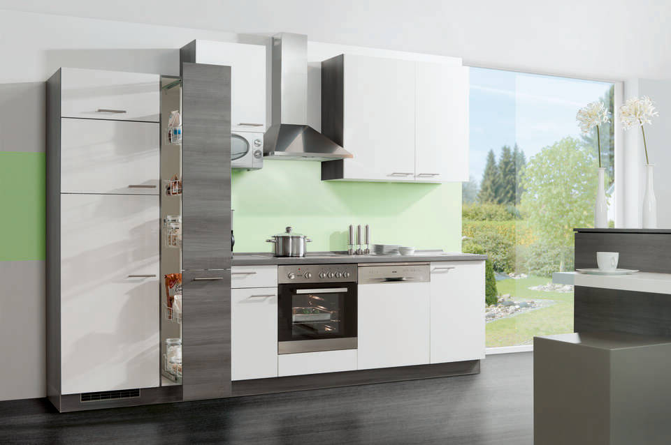 Küchenzeile "EXK430-1-1" mit Geräten: Weiß - Eiche grau - Eiche grau, 310cm