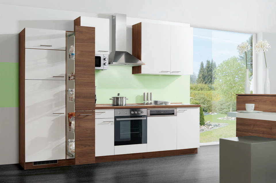 Küchenzeile "EXK430-2-1" mit Geräten: Weiß - Nussbaum - Nussbaum, 310cm