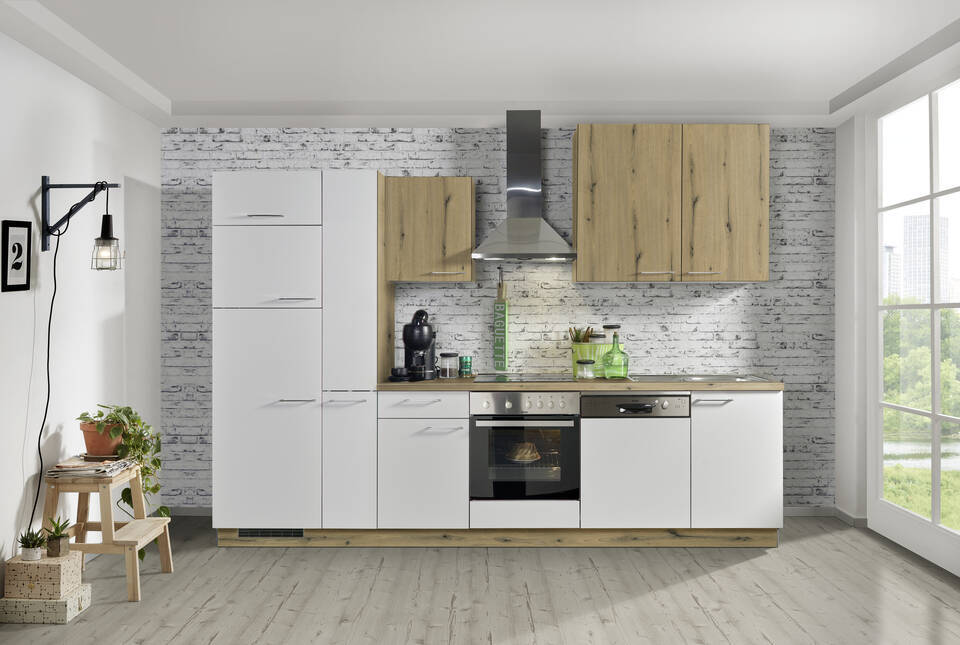 Küchenzeile "EXK450-5-1" mit Geräten: Weiß - Eiche astig - Eiche astig, 310cm