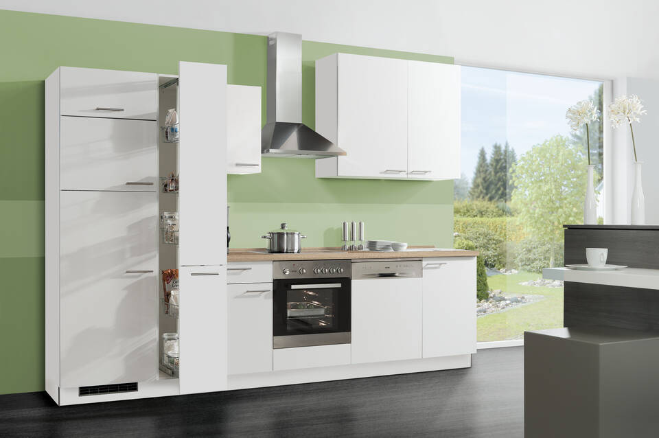 Küchenzeile "EXK450-2-1" mit Geräten: Weiß - Bergeiche, 310cm