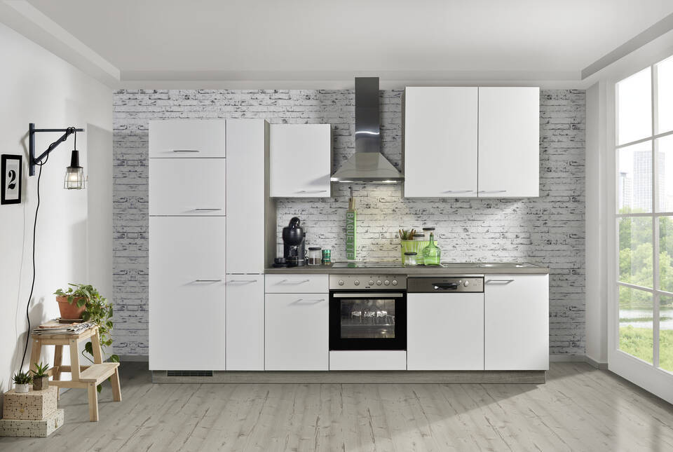 Küchenzeile "EXK450-4-1" mit Geräten: Weiß - Eiche grau, 310cm