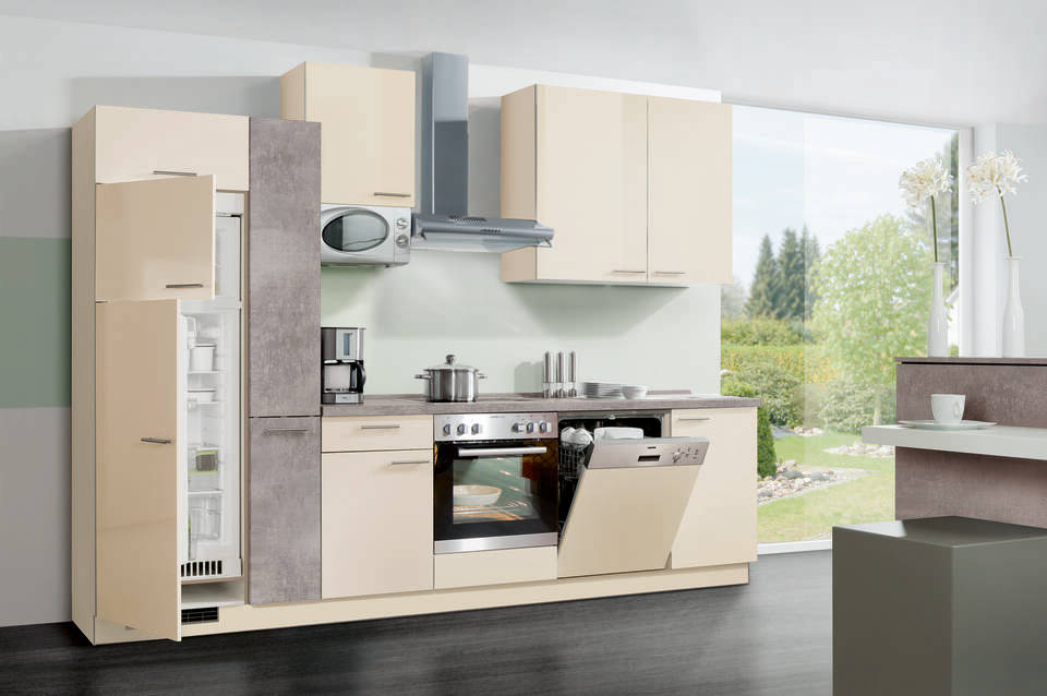 Küchenzeile "EXK460-2-1" mit Geräten: Lacklaminat Magnolia Hochglanz - Beton hell - Beton hell, 310cm