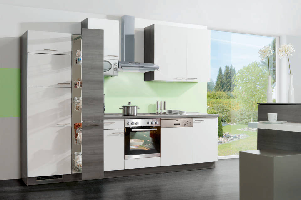 Küchenzeile "EXK460-1-1" mit Geräten: Weiß - Eiche grau - Eiche grau, 310cm