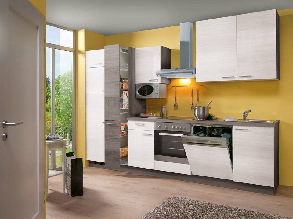 Küchenzeile "EXK480-1-1" mit Geräten: Eiche weiß - Eiche grau - Eiche grau, 310cm