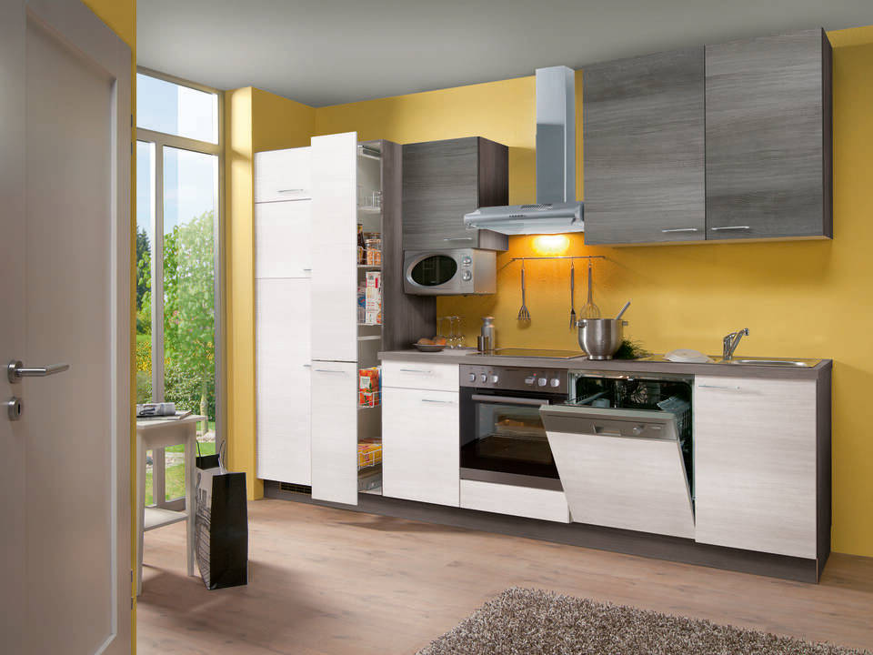 Küchenzeile "EXK480-2-1" mit Geräten: Eiche weiß - Eiche grau - Eiche grau, 310cm