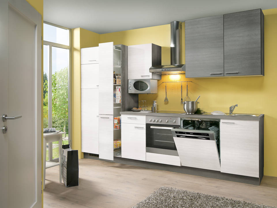 Küchenzeile "EXK480-3-1" mit Geräten: Eiche weiß - Eiche grau - Eiche grau, 310cm