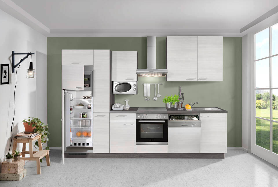 Küchenzeile "EXK480-6-1" mit Geräten: Eiche weiß - Eiche grau, 310cm
