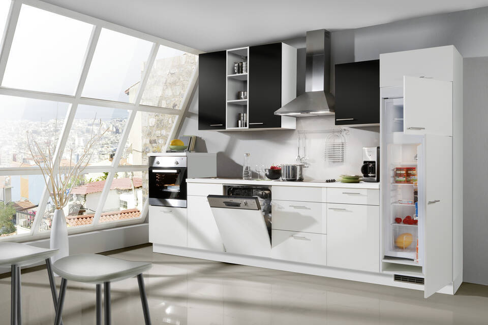 Küchenzeile "EXK510-3-1" mit Geräten: Lacklaminat Weiß Hochglanz - Lacklaminat Schwarz - Schwarz Steinstruktur, 340cm / Bild 2