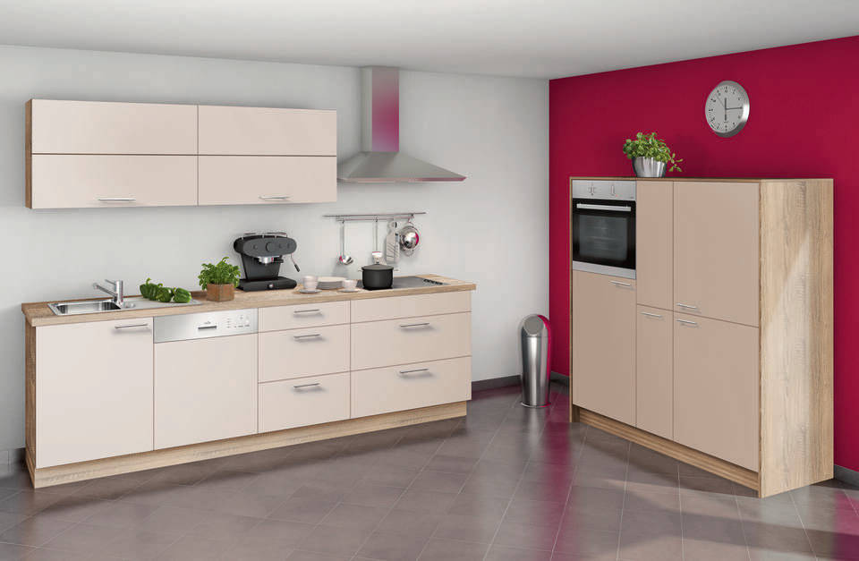 Zweizeilige Küche "EXK30-2-1" mit Geräten: Crema - Bergeiche, 428cm