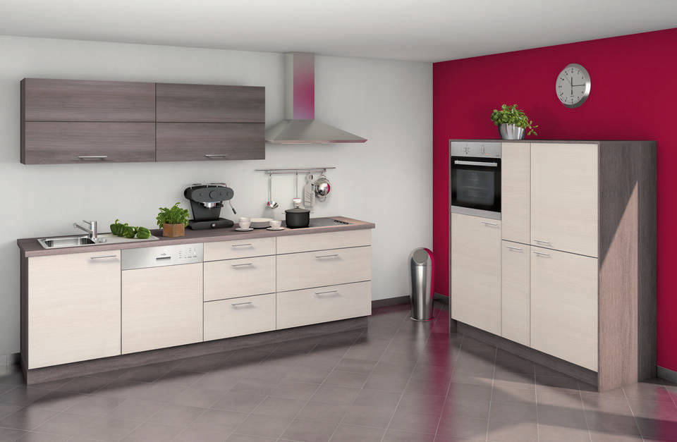 Zweizeilige Küche "EXK30-3-1" mit Geräten: Eiche weiß - Eiche grau - Eiche grau, 428cm