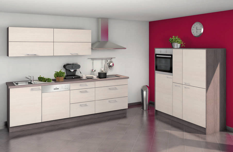 Zweizeilige Küche "EXK30-4-1" mit Geräten: Eiche weiß - Eiche grau, 428cm