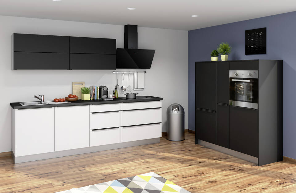 Zweizeilige Küche "EXK20-1-1" mit Geräten: Lacklaminat Weiß - Lacklaminat Schwarz - Schwarz Steinstruktur, 428cm / Bild 1