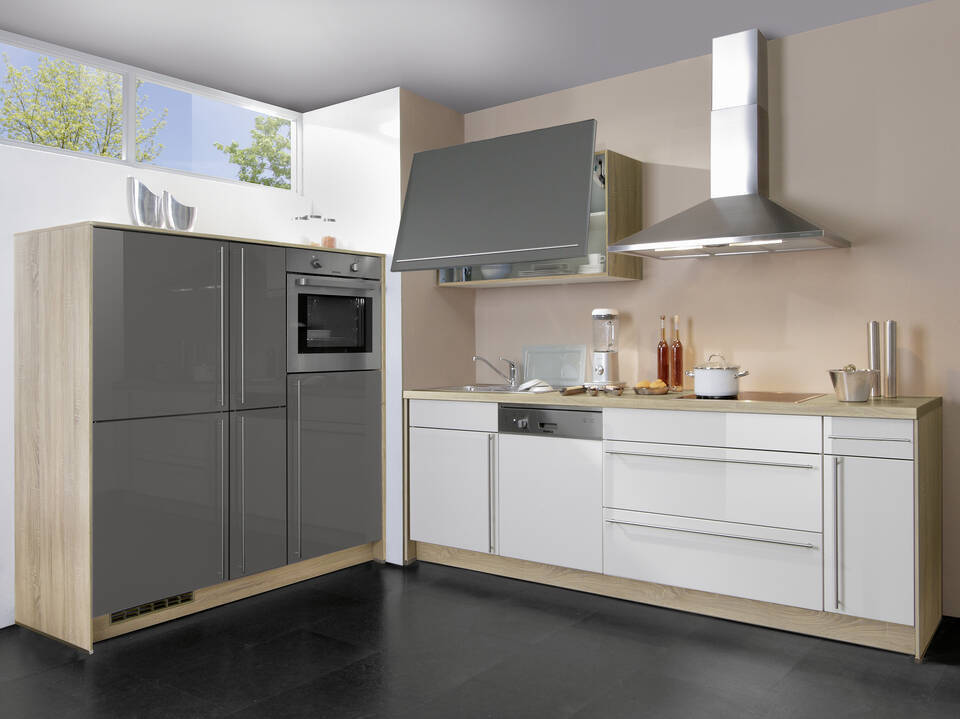 Zweizeilige Küche "EXK10-1-1" mit Geräten: Lacklaminat Weiß Hochglanz - Lacklaminat Anthrazit Hochglanz - Wildeiche, 408cm