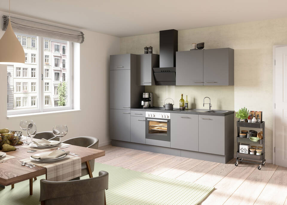 OPTIFIT Küchenzeile mit Geräten in Basaltgrau & Beton dunkel: 270 cm, flexibel stellbar | Singleküche "OFK27088-4-1"