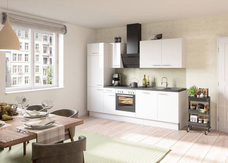 OPTIFIT Küchenzeile mit Geräten in Weiß Glanz & Beton dunkel: 270 cm, flexibel stellbar | Singleküche "OFK27088-6-1"