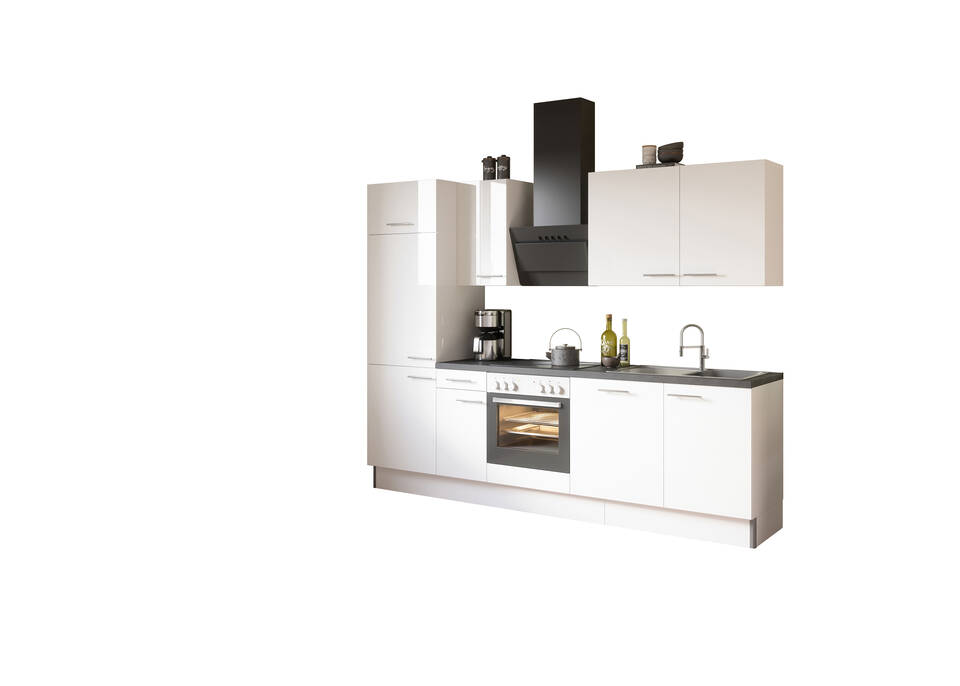 OPTIFIT Küchenzeile mit Geräten in Weiß Glanz & Beton dunkel: 270 cm, flexibel stellbar | Singleküche "OFK27088-6-1"