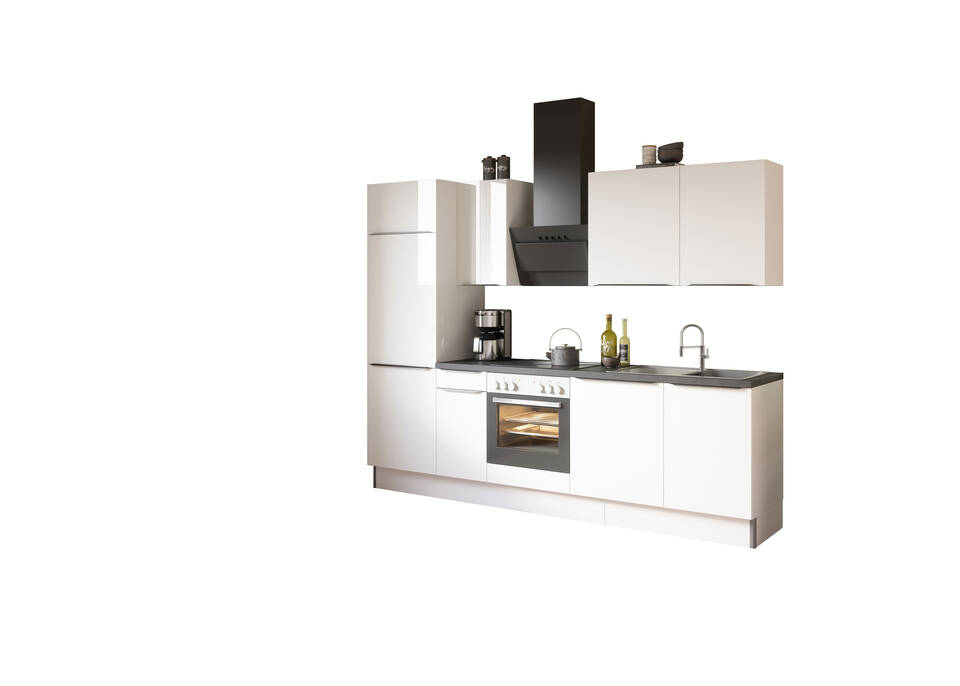 OPTIFIT Küchenzeile mit Geräten in Weiß Glanz & Beton dunkel: 270 cm, flexibel stellbar | Singleküche "OFK27088-7-1"