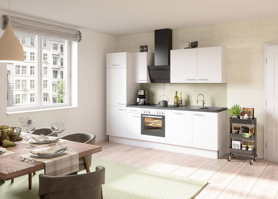 OPTIFIT Küchenzeile mit Geräten in Weiß & Beton dunkel: 270 cm, flexibel stellbar | Singleküche "OFK27088-1-1"