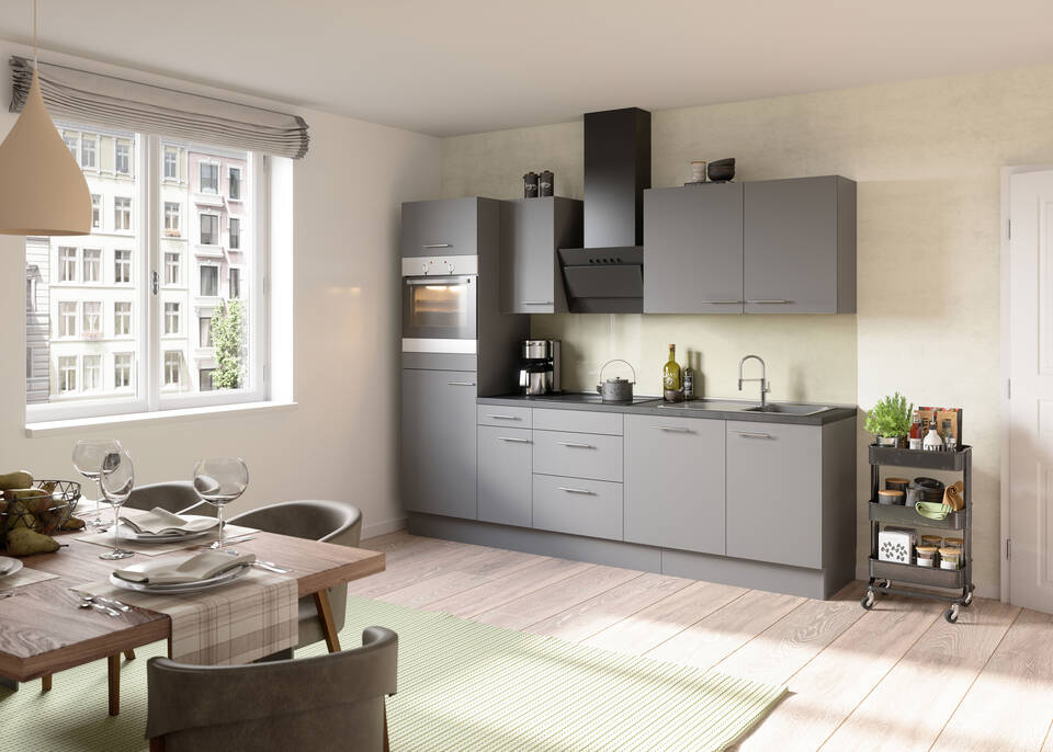 OPTIFIT Küchenzeile mit Geräten in Basaltgrau & Beton dunkel: 270 cm, flexibel stellbar | Singleküche "OFK27888-4-1" / Bild 1