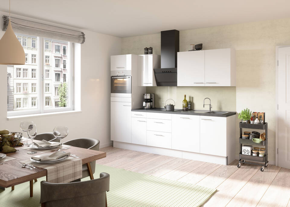 OPTIFIT Küchenzeile mit Geräten in Weiß Glanz & Beton dunkel: 270 cm, flexibel stellbar | Singleküche "OFK27888-6-1"