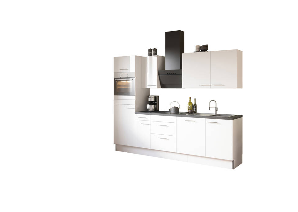 Küchenzeile "OFK27888-6-1" mit Geräten: Weiß Glanz Lack - Beton dunkel, 270cm / Bild 2