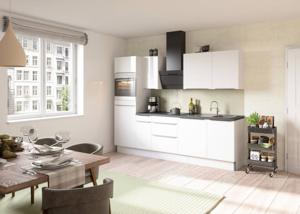 OPTIFIT Küchenzeile mit Geräten in Weiß Glanz & Beton dunkel: 270 cm, flexibel stellbar | Singleküche "OFK27888-7-1"