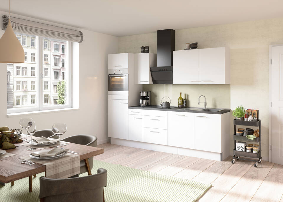 OPTIFIT Küchenzeile mit Geräten in Weiß & Beton dunkel: 270 cm, flexibel stellbar | Singleküche "OFK27888-1-1"