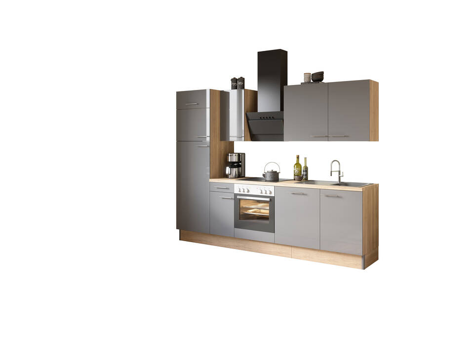 OPTIFIT Küchenzeile mit Geräten in Anthrazit Glanz & Eiche Struktur: 270 cm, flexibel stellbar | Singleküche "OFK27288-5-1"