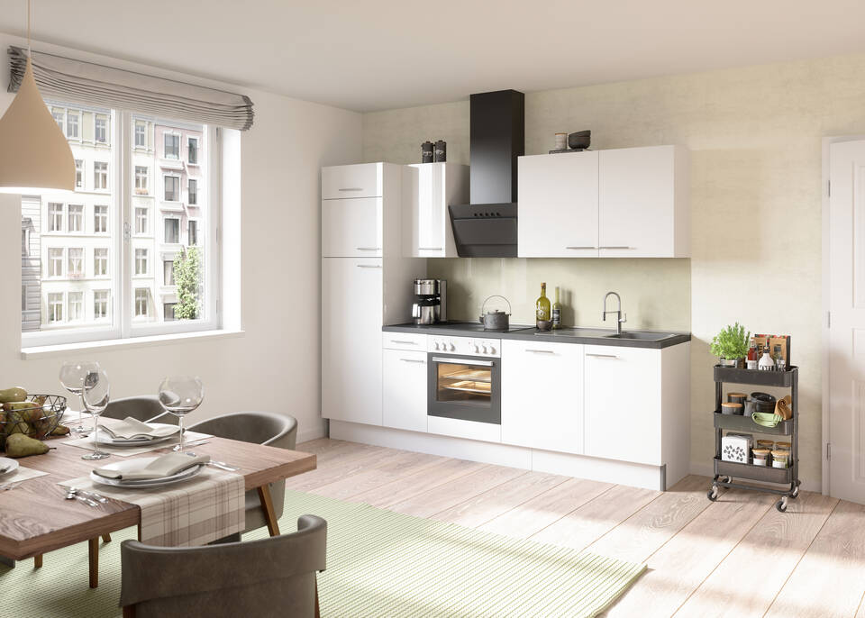 OPTIFIT Küchenzeile mit Geräten in Weiß Glanz & Beton dunkel: 270 cm, flexibel stellbar | Singleküche "OFK27288-6-1"