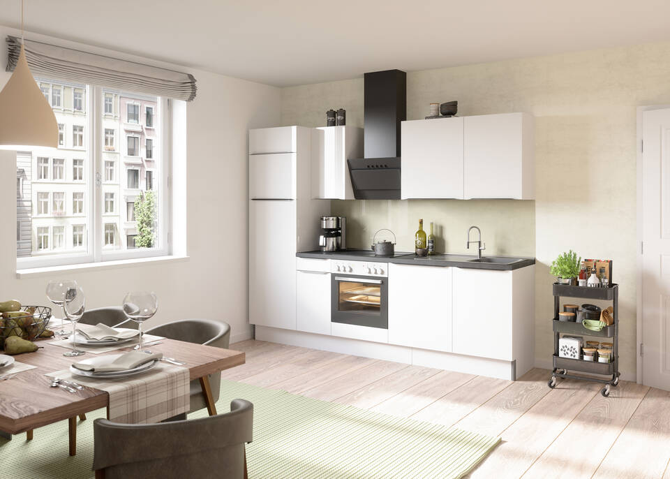 OPTIFIT Küchenzeile mit Geräten in Weiß Glanz & Beton dunkel: 270 cm, flexibel stellbar | Singleküche "OFK27288-7-1"