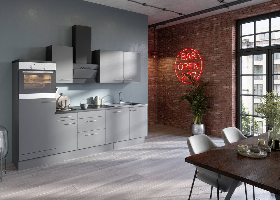 OPTIFIT Küchenzeile mit Geräten in Basaltgrau & Beton dunkel: 270 cm, flexibel stellbar | Singleküche "OFK27688-4-1"
